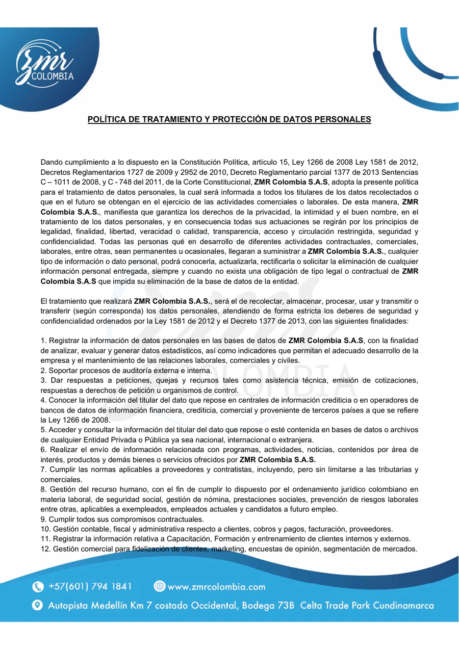 Primera página de la Política de Tratamiento de Datos Personales de ZMR Colombia